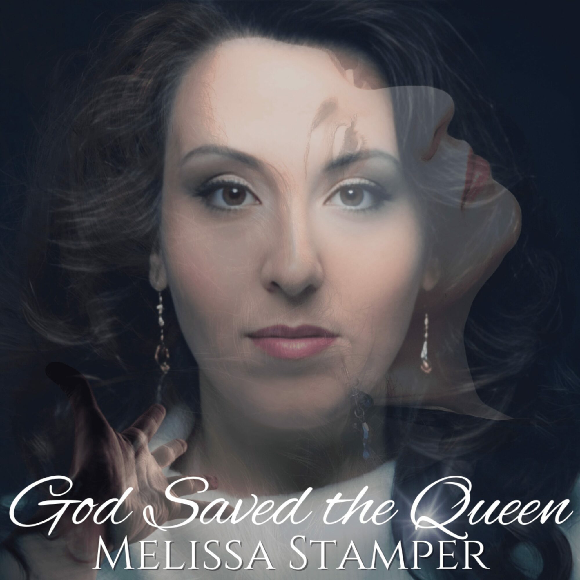 Portrait of a woman with dark hair, makeup, and earrings, with text 'God Saved the Queen' and 'Melissa Stamper'.