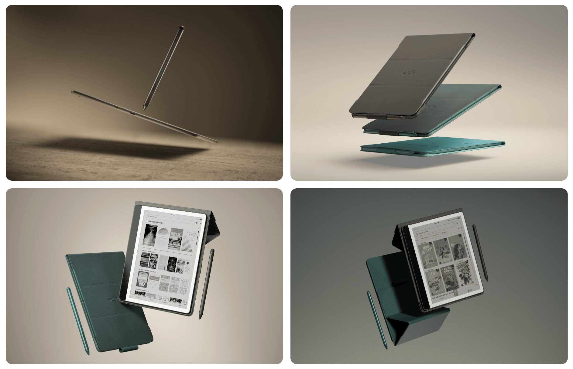 Four images of electronic devices: a tilted laptop, a closed laptop, a tablet with a stylus, and a tablet with a stylus, all on neutral backgrounds.