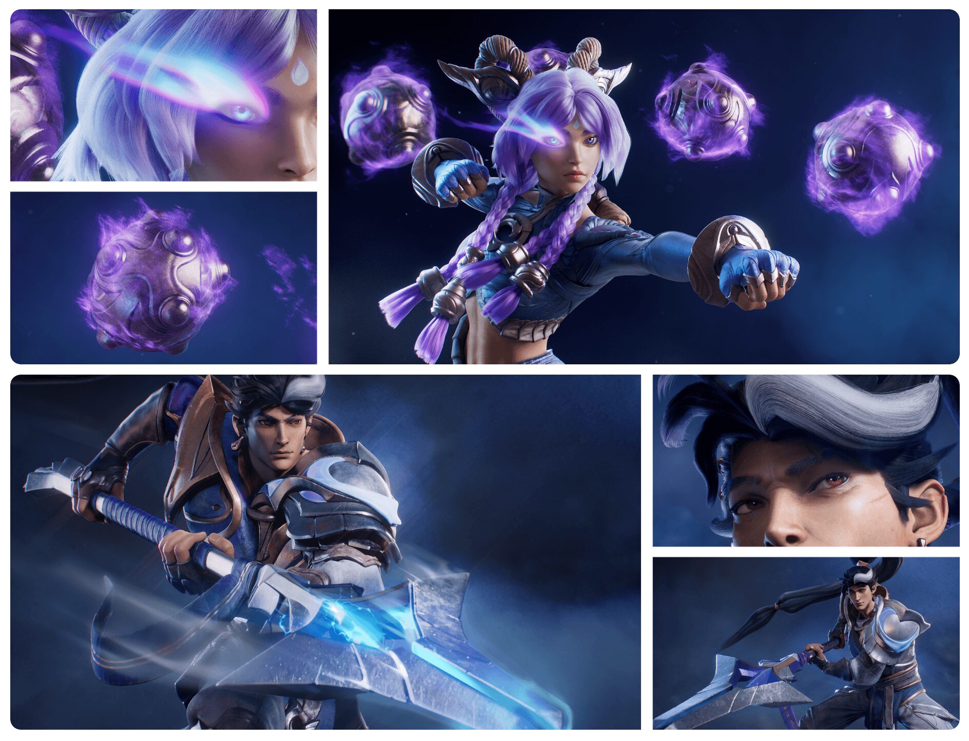Group of fantasy characters with glowing orbs, weapons, and armor in a cosmic setting, with a focus on a female character casting magic.