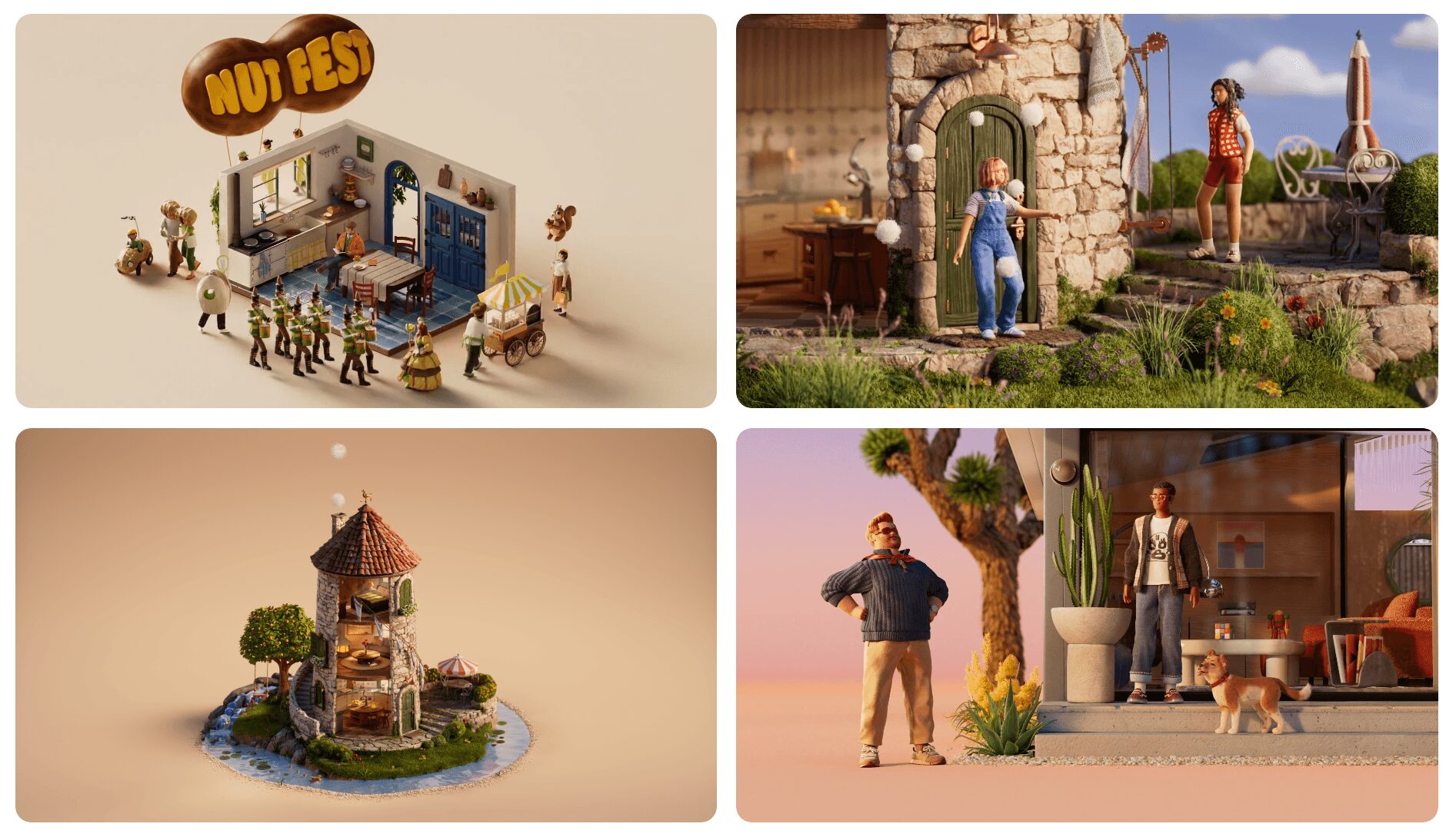 Four dioramas: a fairground entrance, a stone building with people, a carousel, and two people outside a house.