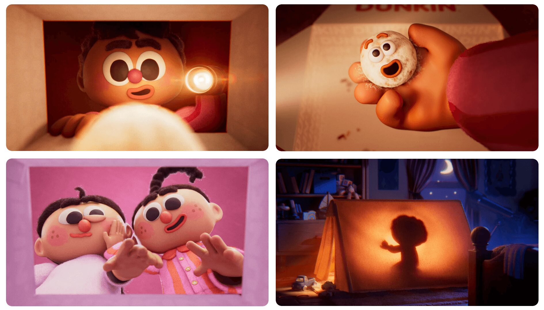 Four animated characters, one holding a small creature, two children, and a shadow puppet scene in a dark room.
