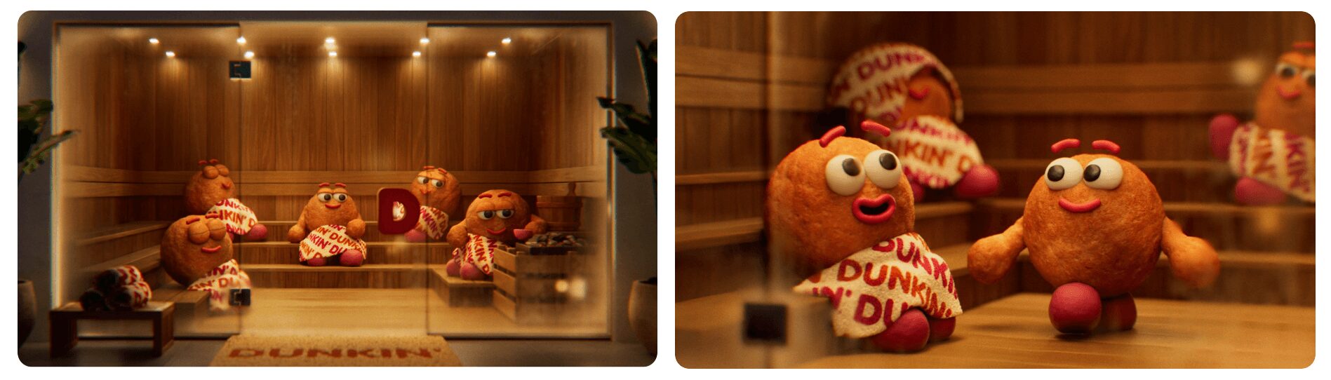 Two images of plush toys resembling cookies with faces, one with a bakery background and the other with a bakery display.