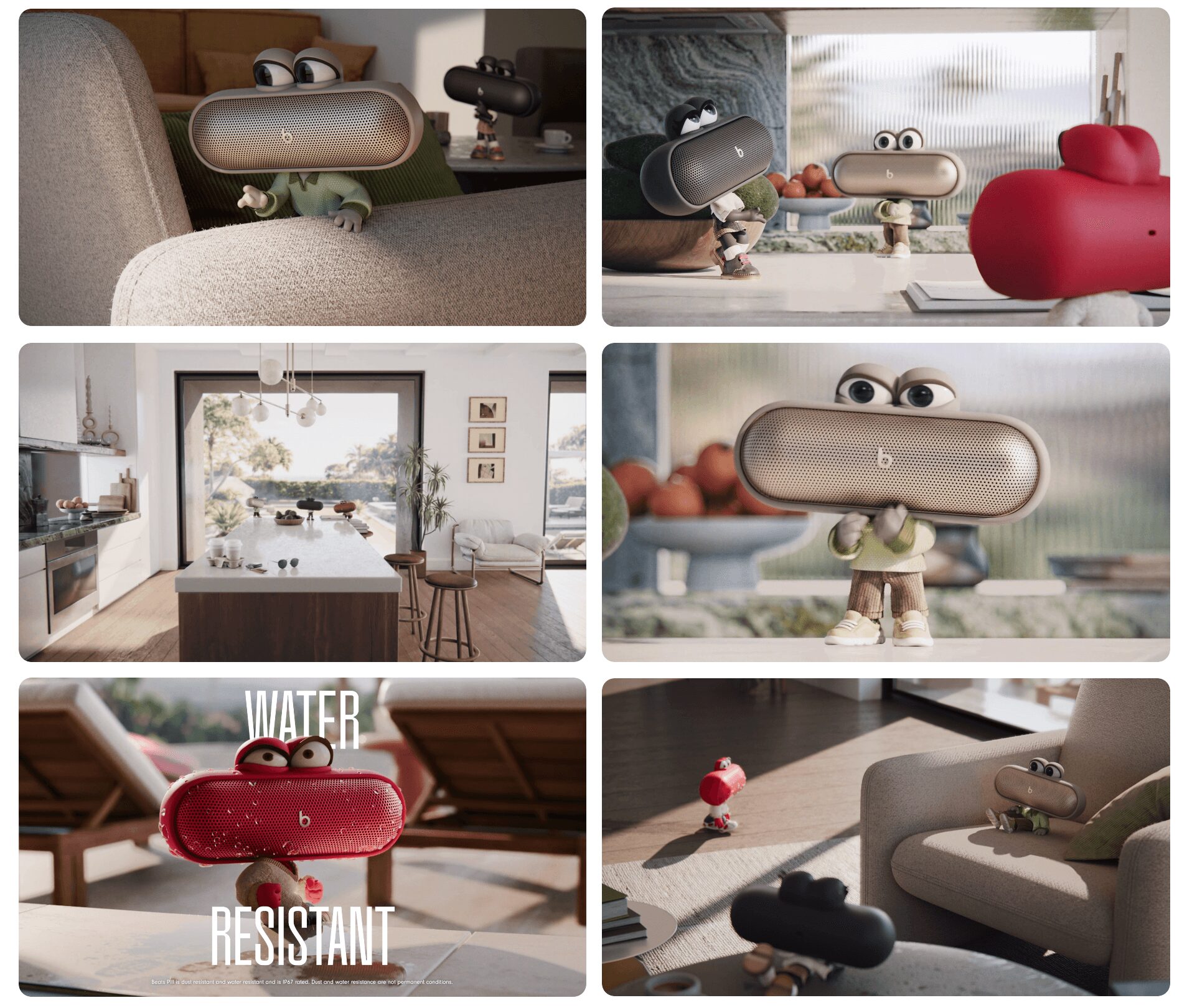 Six images of animated robot characters in various indoor and outdoor settings, some with water resistance labels, some with furniture.