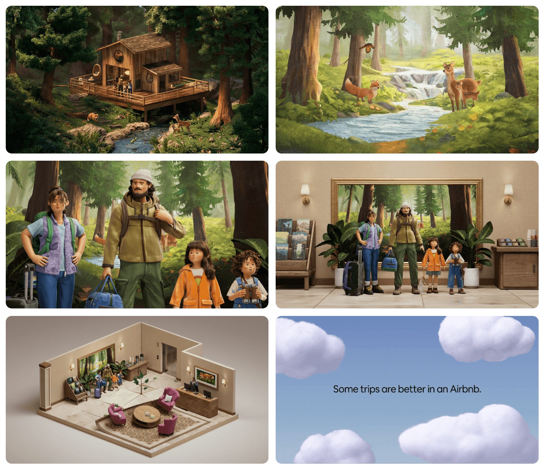 Four images: a treehouse, a forest with a stream, people with luggage, people at a reception, a living room, and a sky with clouds and text.