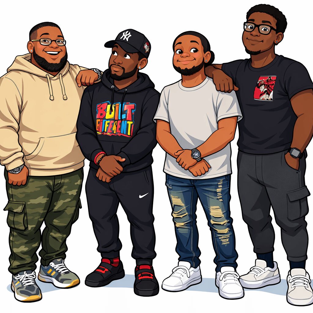 Four men standing together, smiling, with casual clothing and accessories, against a plain background.