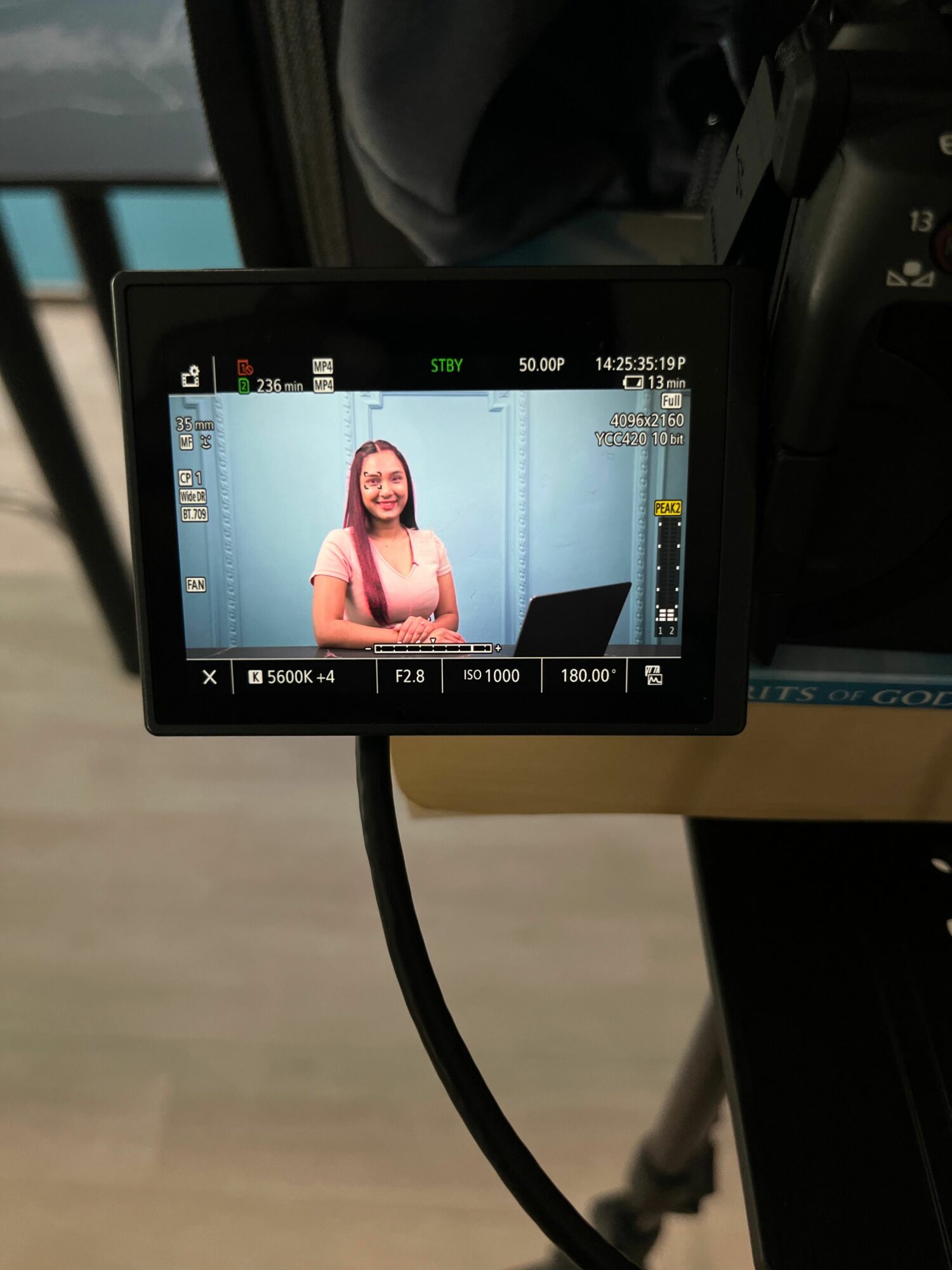 Camera screen showing a woman in a pink top, sitting and smiling, with a blue background behind her.