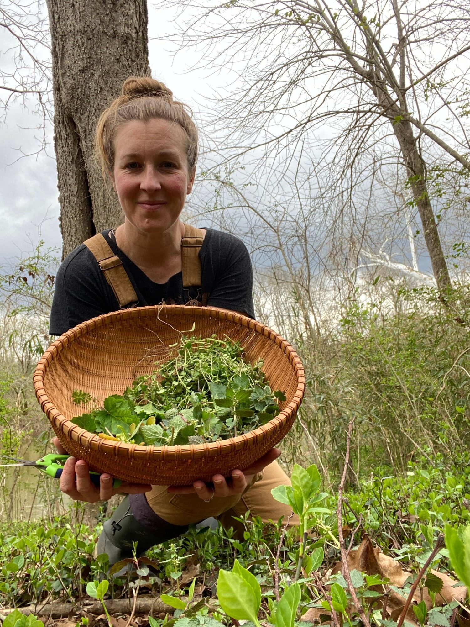 Person holding a basket with plants outdoors near a tree and water, with greenery around.