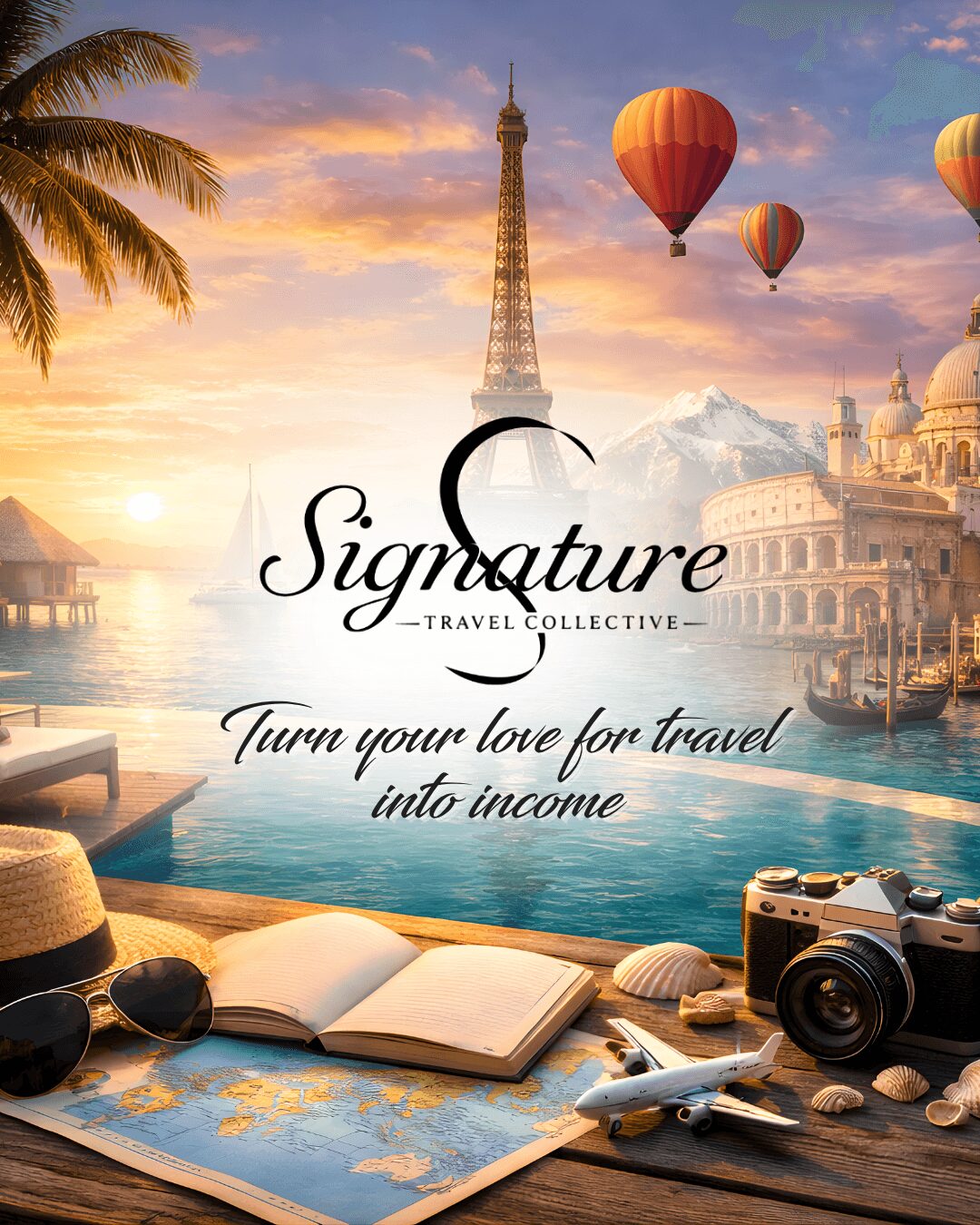 Paris skyline with Eiffel Tower, hot air balloons, a pool, travel items, and a camera, during sunset.