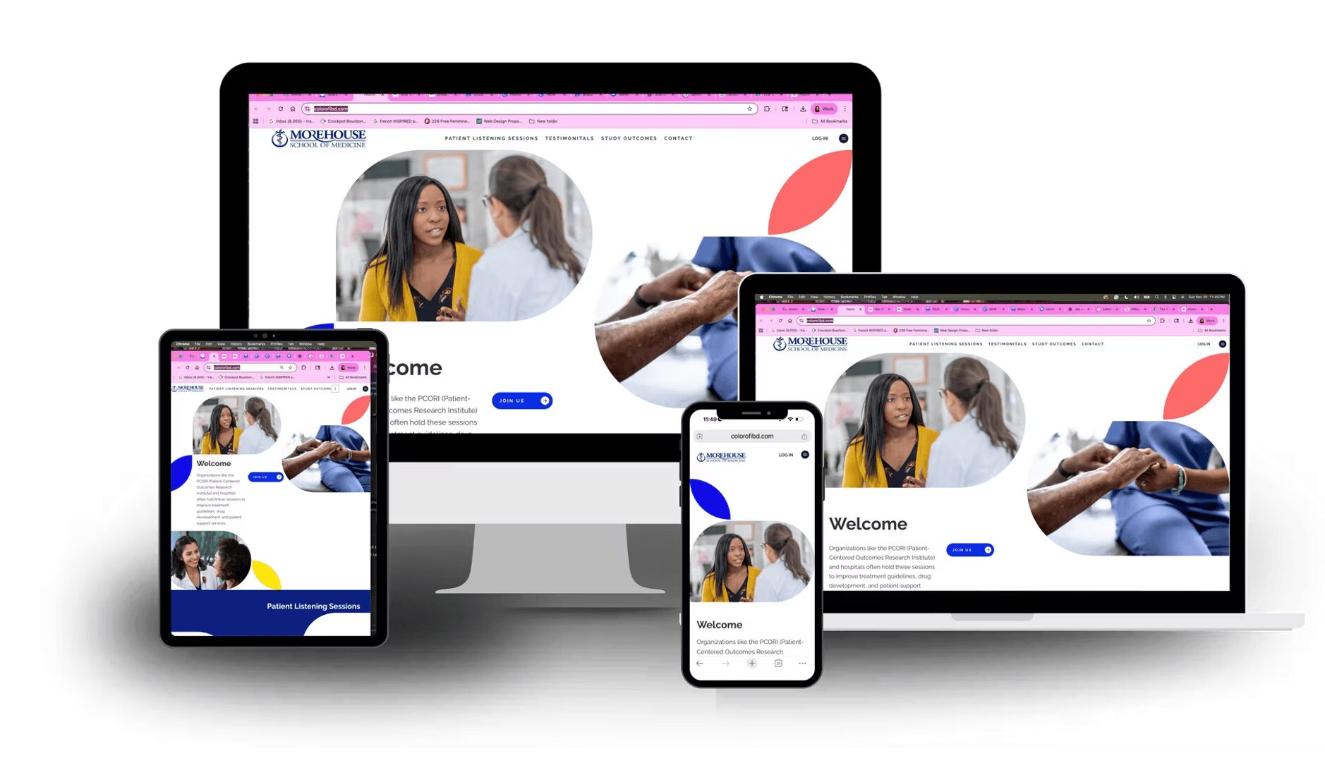 Multiple electronic devices displaying a website with people and colorful graphics, including a desktop, laptop, tablet, and smartphone.