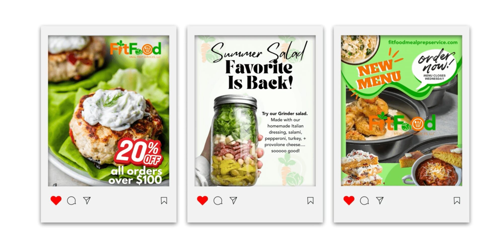 Three food advertisements, one with a dish, one with a jar, and one with a menu, all with colorful text and images.