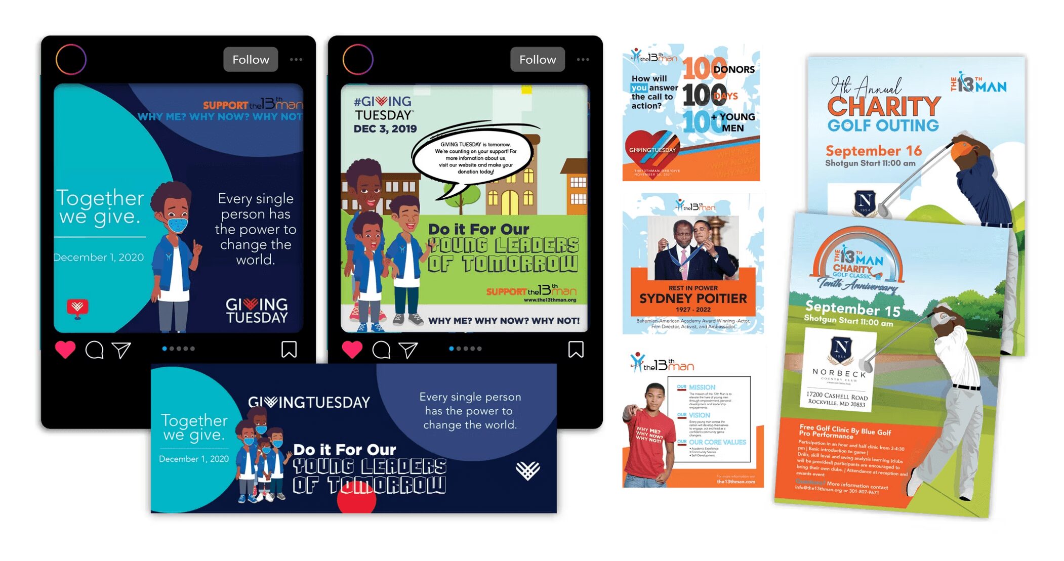 Collection of promotional and event flyers related to charity, golf outings, and community activities, featuring people and text.