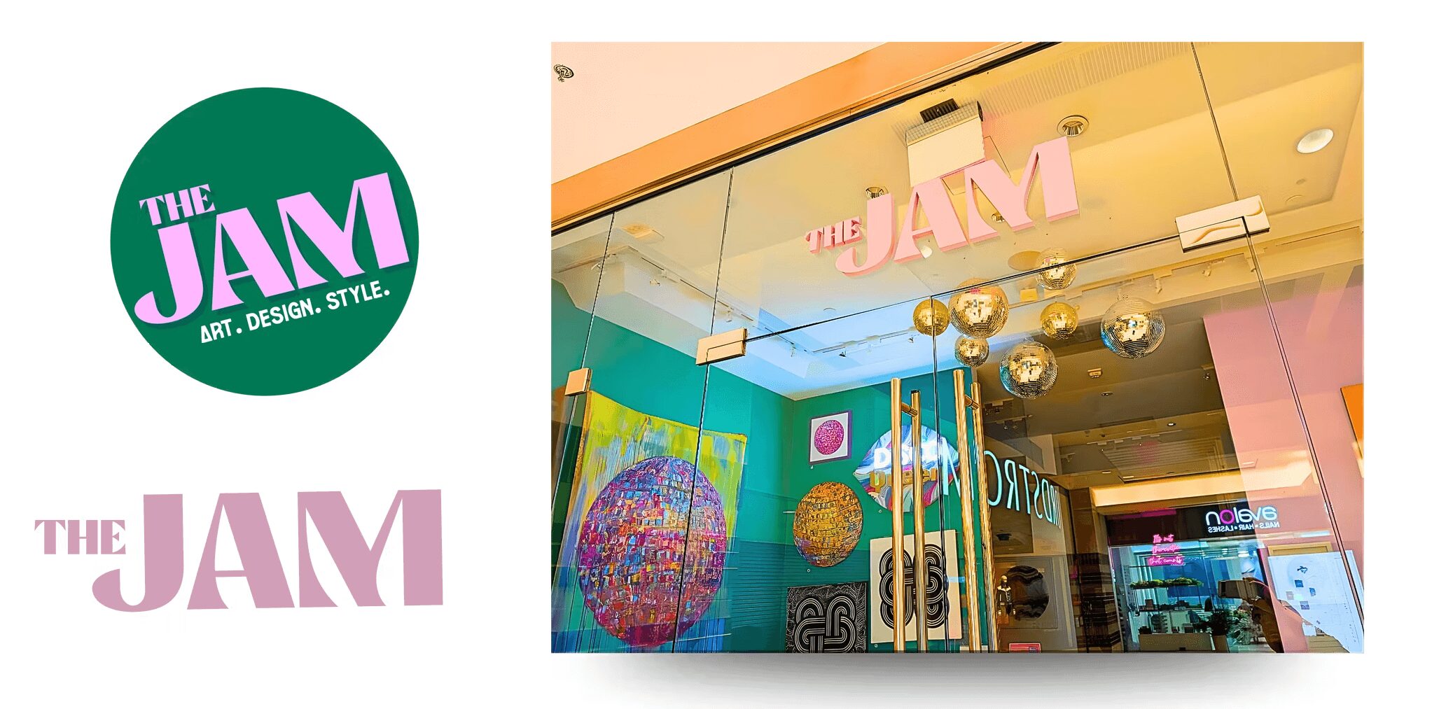 Store window with colorful interior, hanging lights, and a sign reading 'THE JAM'.