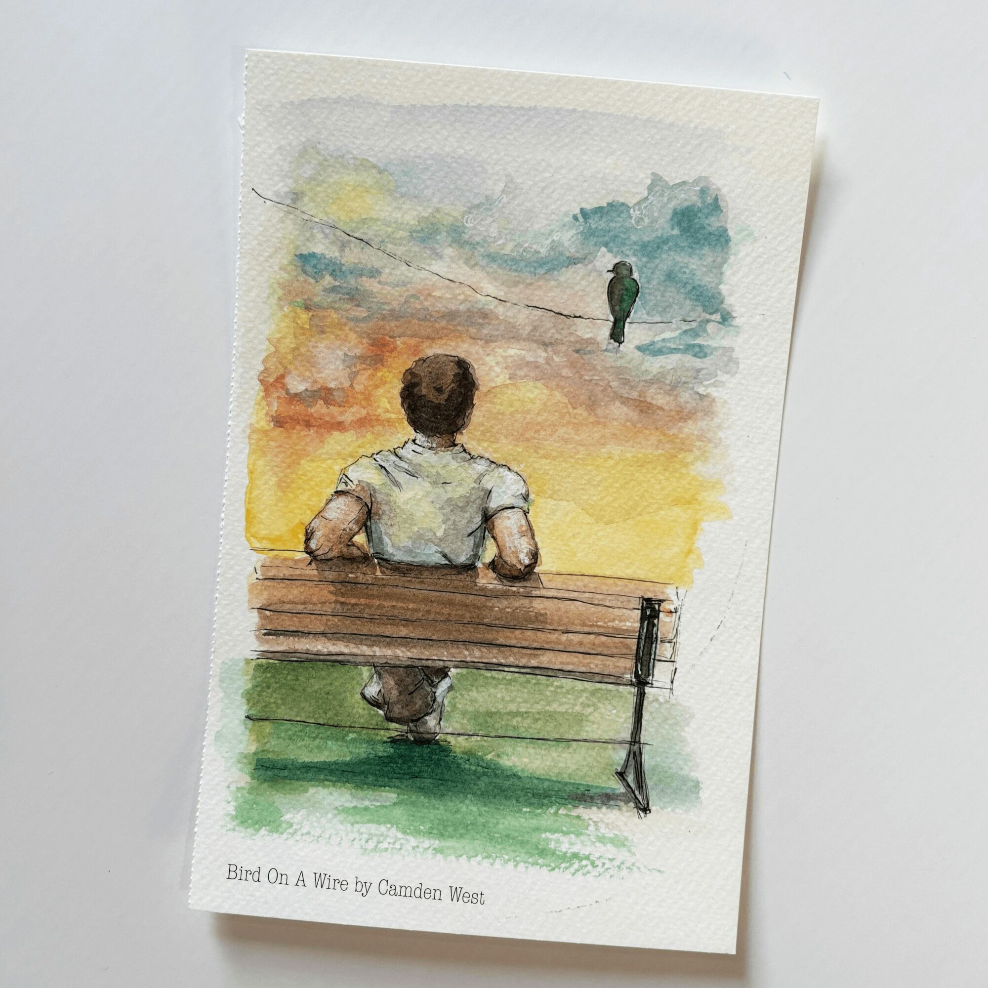Watercolor painting of a person sitting on a park bench, looking at a distant figure against a colorful sky.