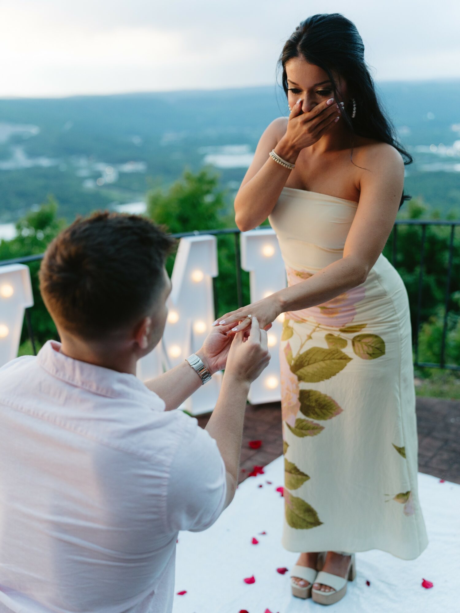 A woman in a strapless dress reacts emotionally as a man proposes, outdoors with a scenic view in the background.