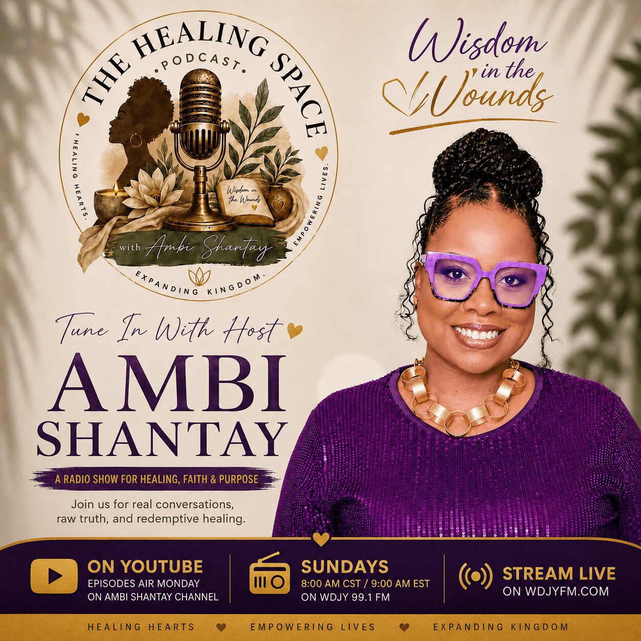 Smiling woman with glasses and jewelry, purple top, in front of a logo for The Healing Space podcast and Wisdom in the Wounds, with plants in the background.