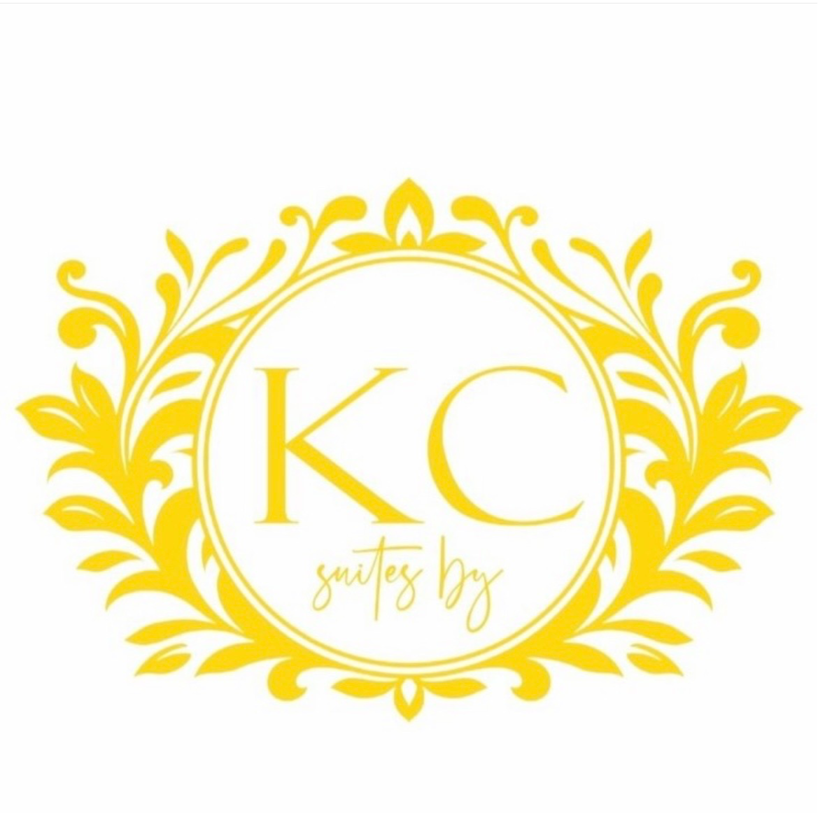 Yellow decorative emblem with initials 'KC' and 'guitars by' inside a circle, on a white background.