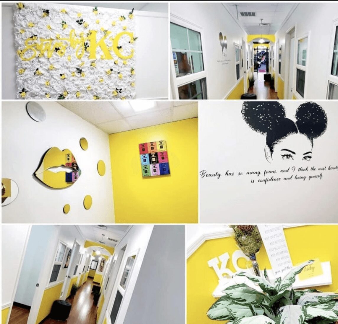 Collage of interior spaces with yellow and white decor, wall art, and hallway views, including a floral wall and a woman with Mickey Mouse ears.