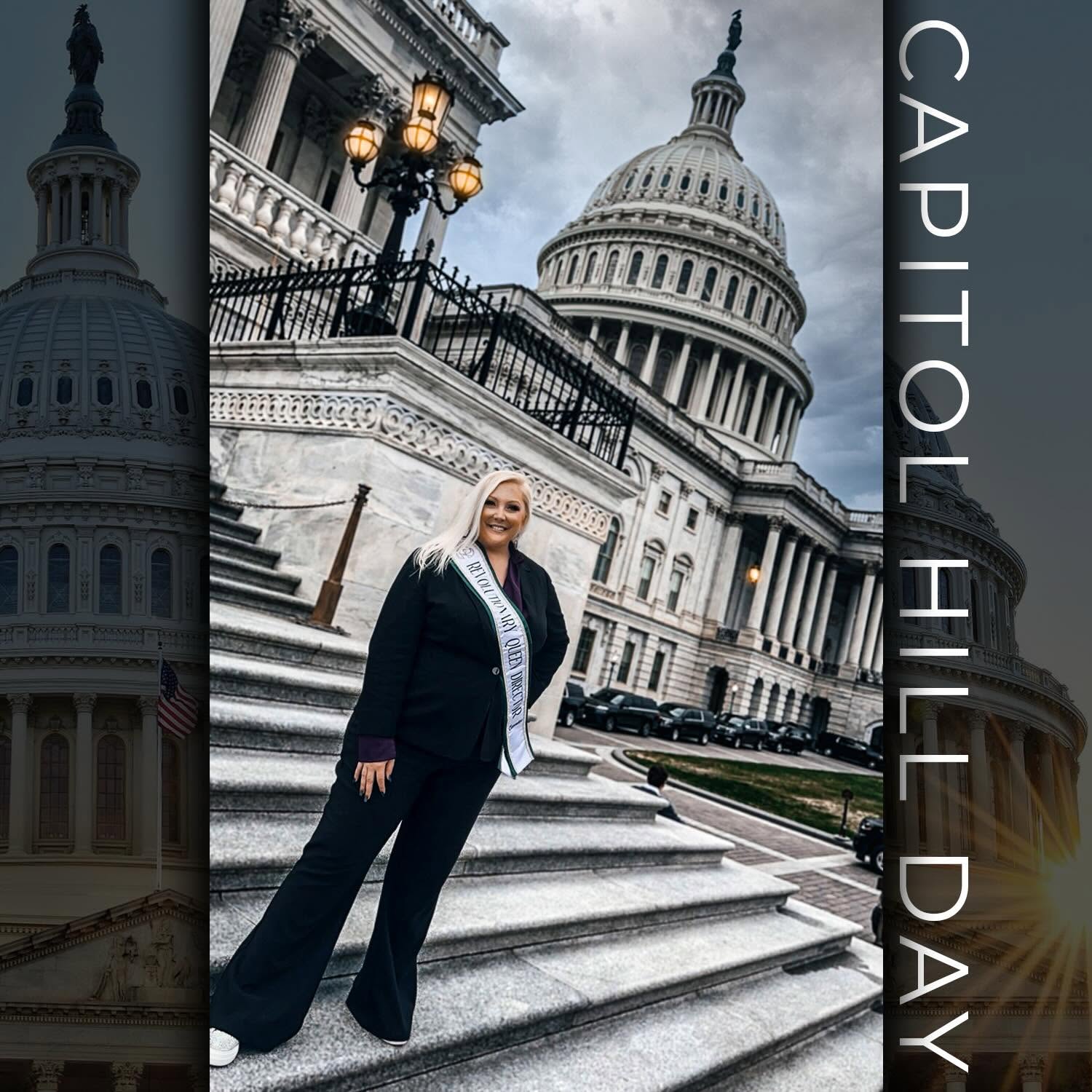 Woman in formal attire standing on stairs outside Capitol building with dome and columns, cloudy sky background.