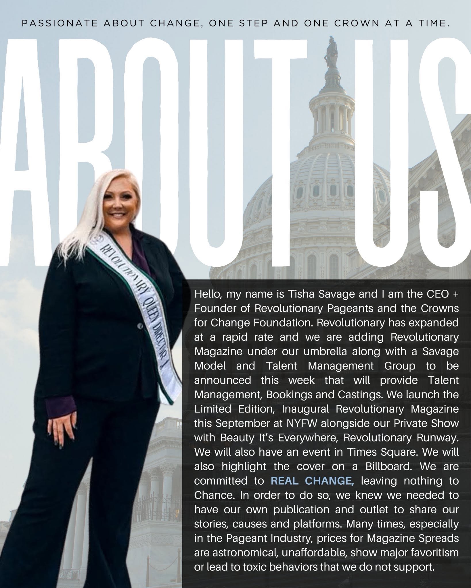 A woman with long blonde hair wearing a sash and blazer stands in front of the U.S. Capitol building, smiling. Large text reads 'ABOUT US' in the background.