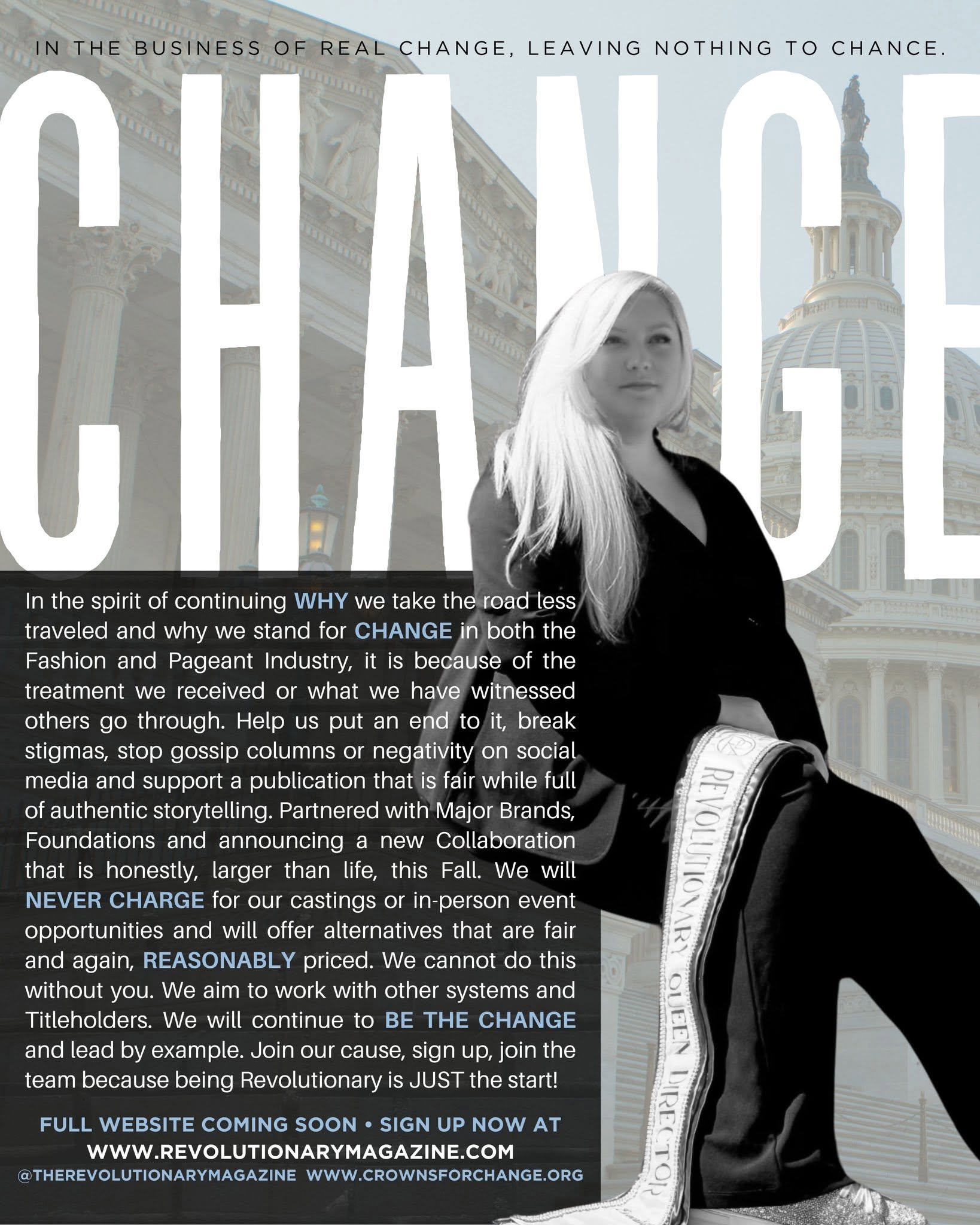 A woman with long blonde hair stands in front of a large text reading 'CHANGE' with a government building in the background.