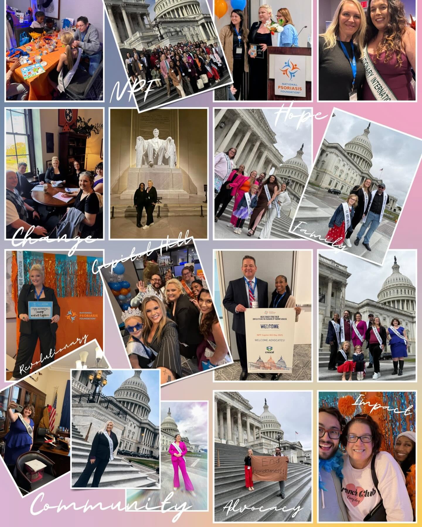 Collage of people at events and landmarks, including Capitol building, group photos, and indoor gatherings.