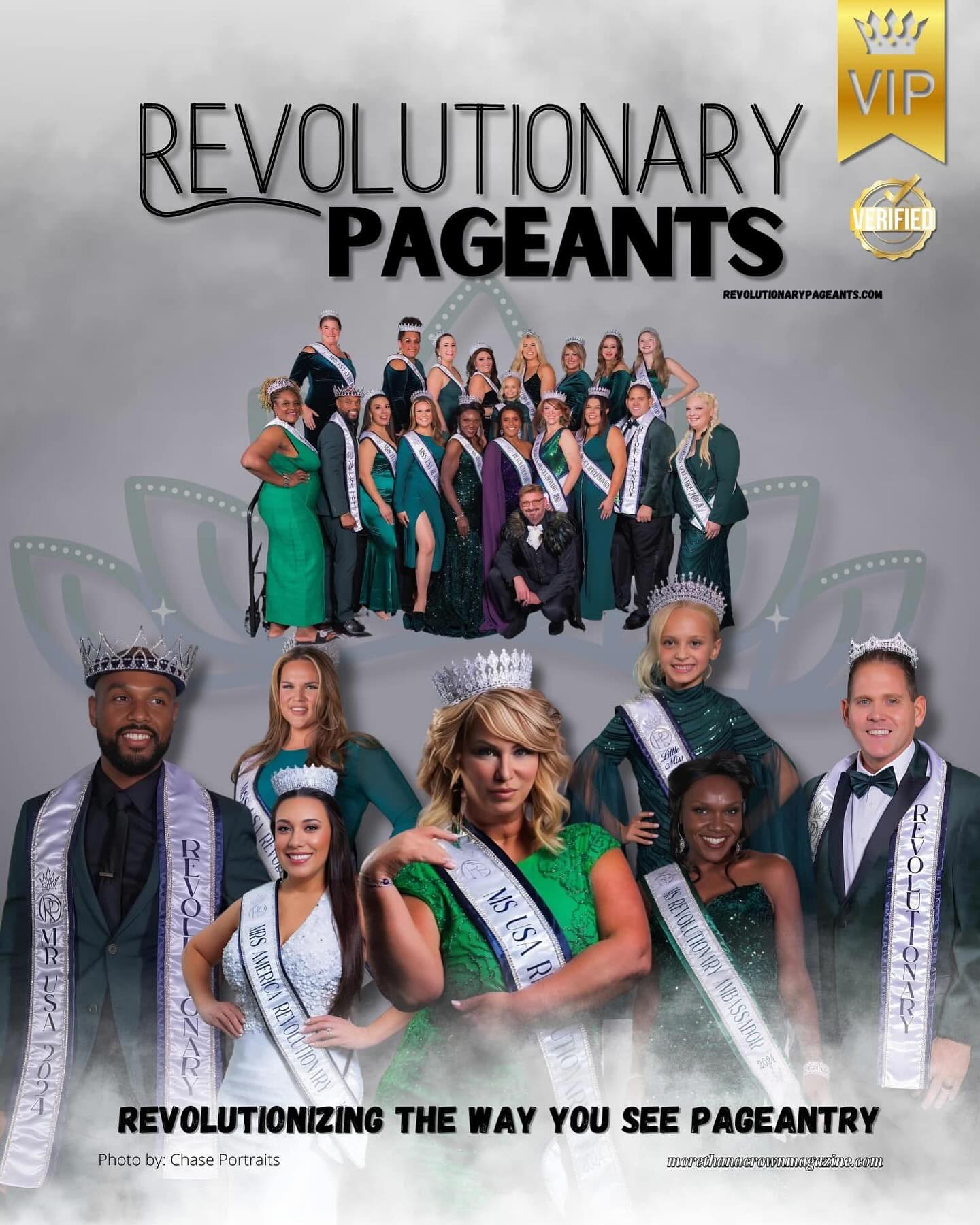 Group of women and men in pageant sashes and crowns, with a gray background and text about revolutionary pageants.