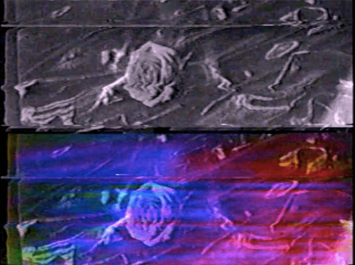 Two images of a person lying on a textured surface, one in black and white, the other with colorful digital effects.