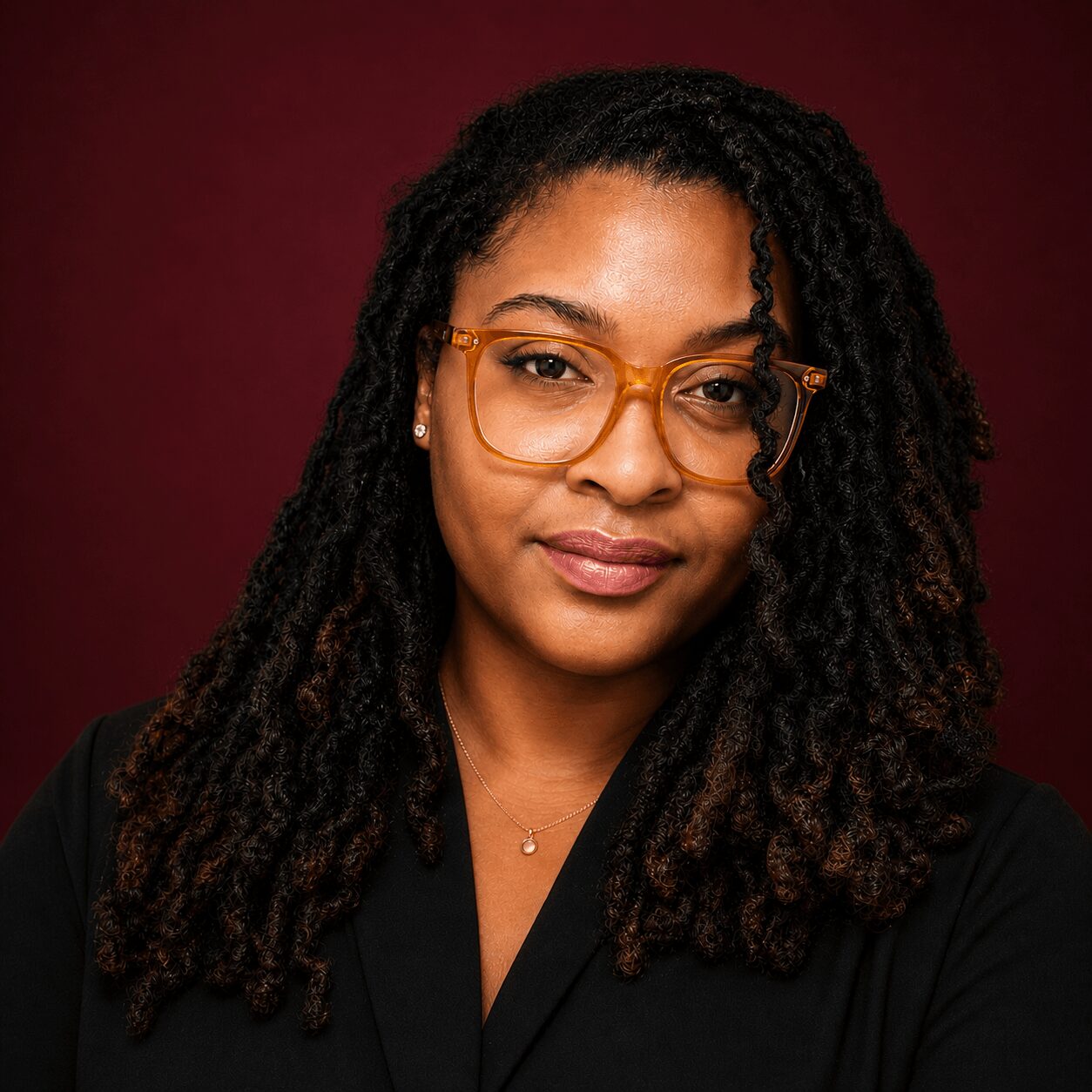 Portrait of a woman with glasses and curly hair, wearing a black top, against a dark red background.