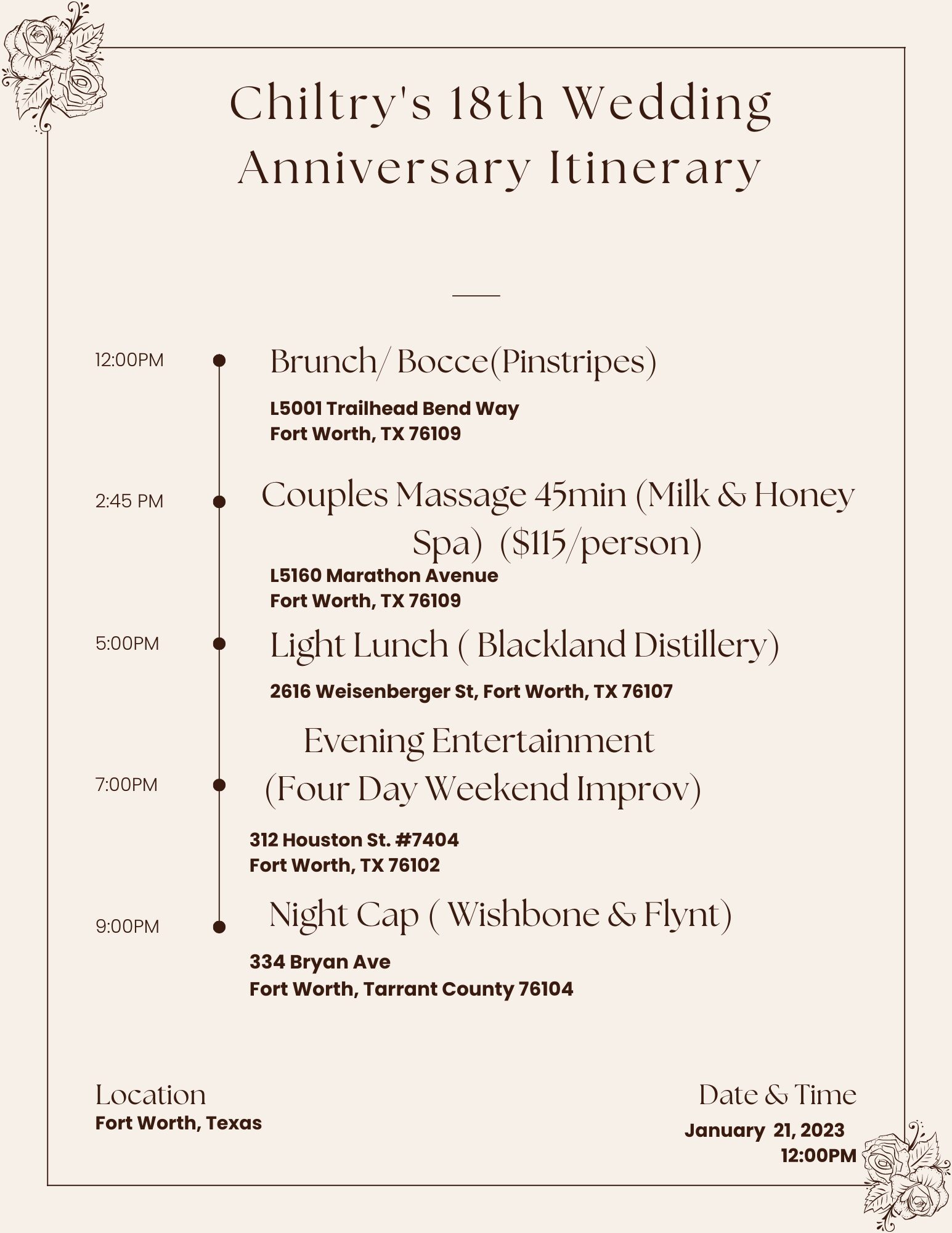 Schedule of events for Chiltry's 18th wedding anniversary, including brunch, couples massage, lunch, entertainment, and dinner, with locations and times.