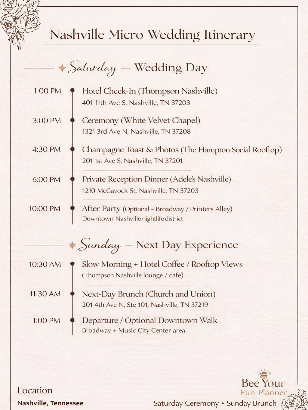 Wedding itinerary listing events on Saturday and Sunday, including ceremonies, receptions, and activities in Nashville, Tennessee.