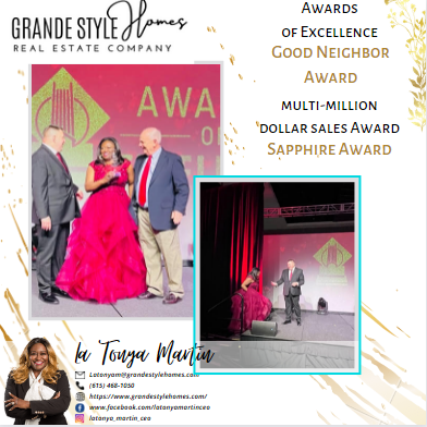 Three people on stage, one woman in a pink gown, two men in suits, awards background, stage with red curtains.
