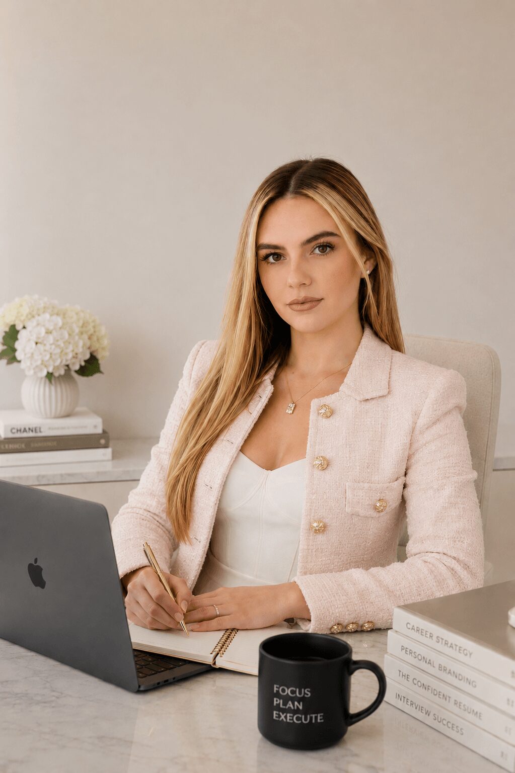 Woman with long blonde hair sitting at a desk with a laptop, books, and a mug, in a neutral-colored room.