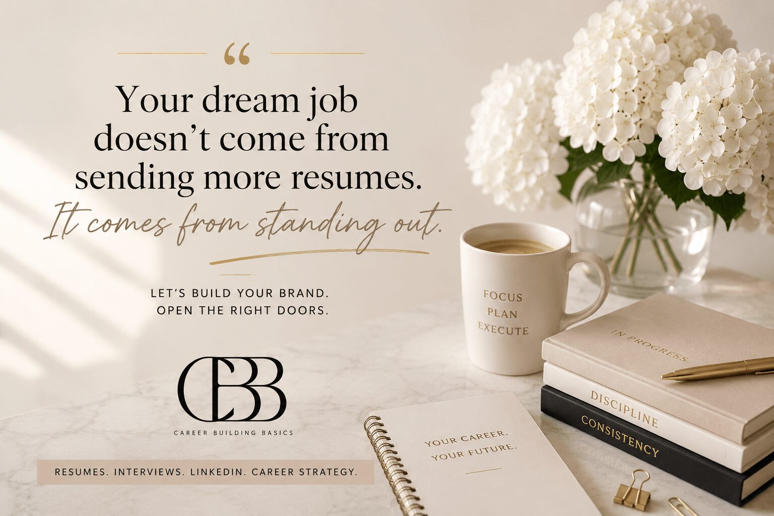 A desk with a white flower arrangement, a coffee mug, and stacked books, with a quote about dreams and resumes.
