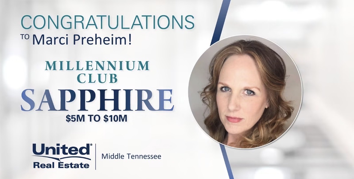 Celebratory certificate for Marci Preheim from Millennium Club Sapphire, with a photo of a woman with brown hair, text, and logo.