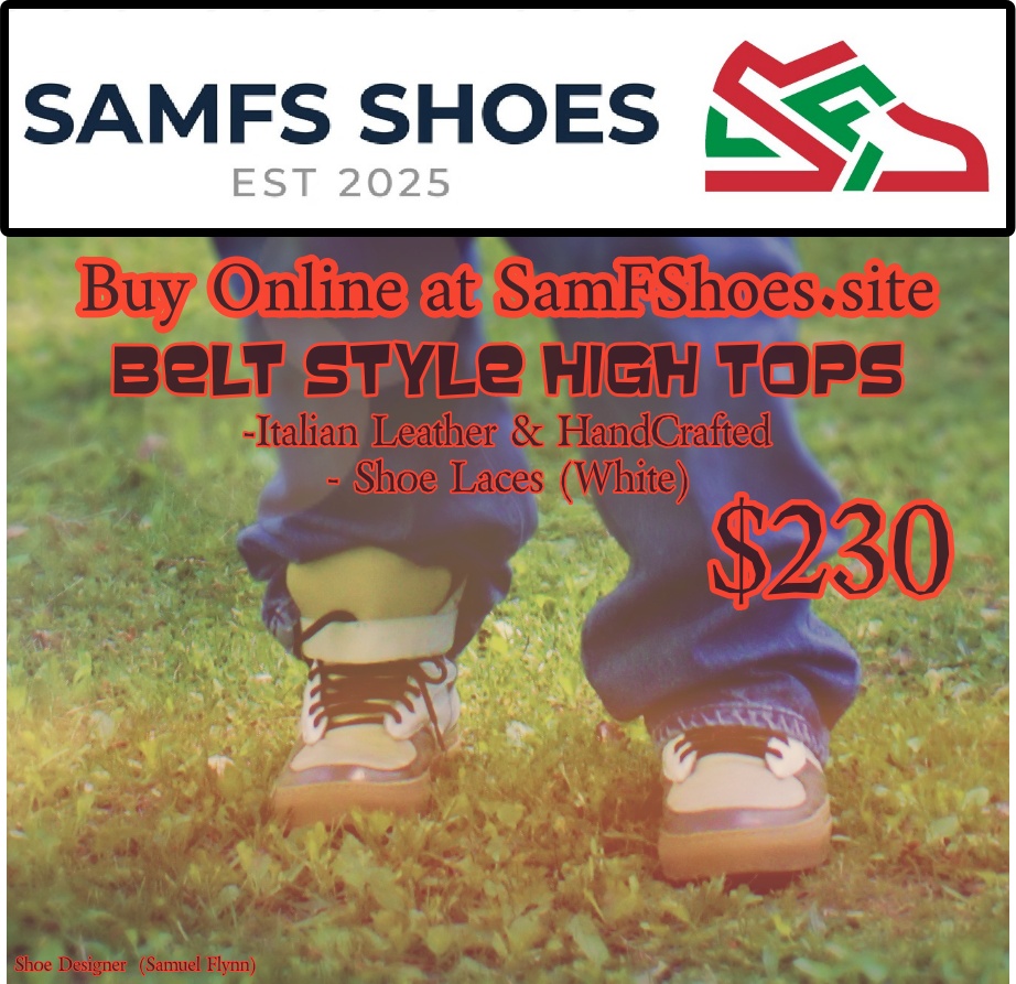 Child wearing high-top shoes standing on grass, advertisement for SamFShoes with prices and website information.