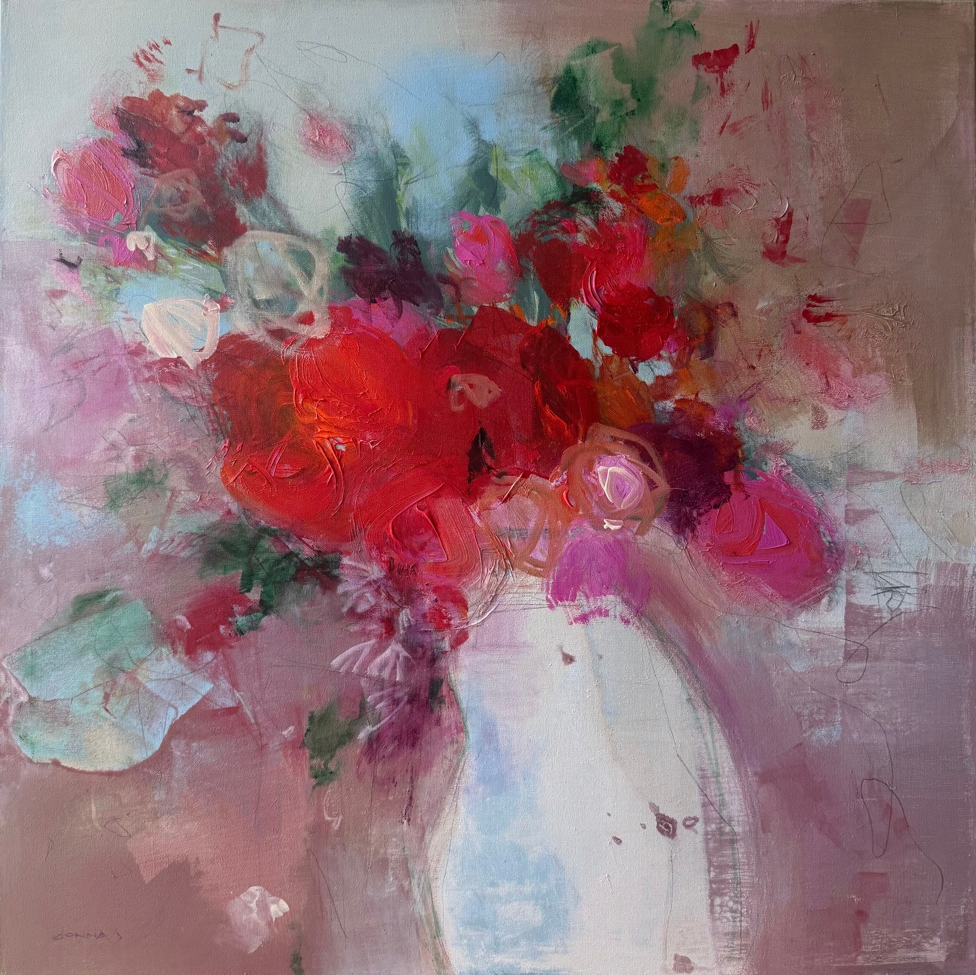 Abstract painting of a colorful bouquet in a white vase with pink, red, and green hues.