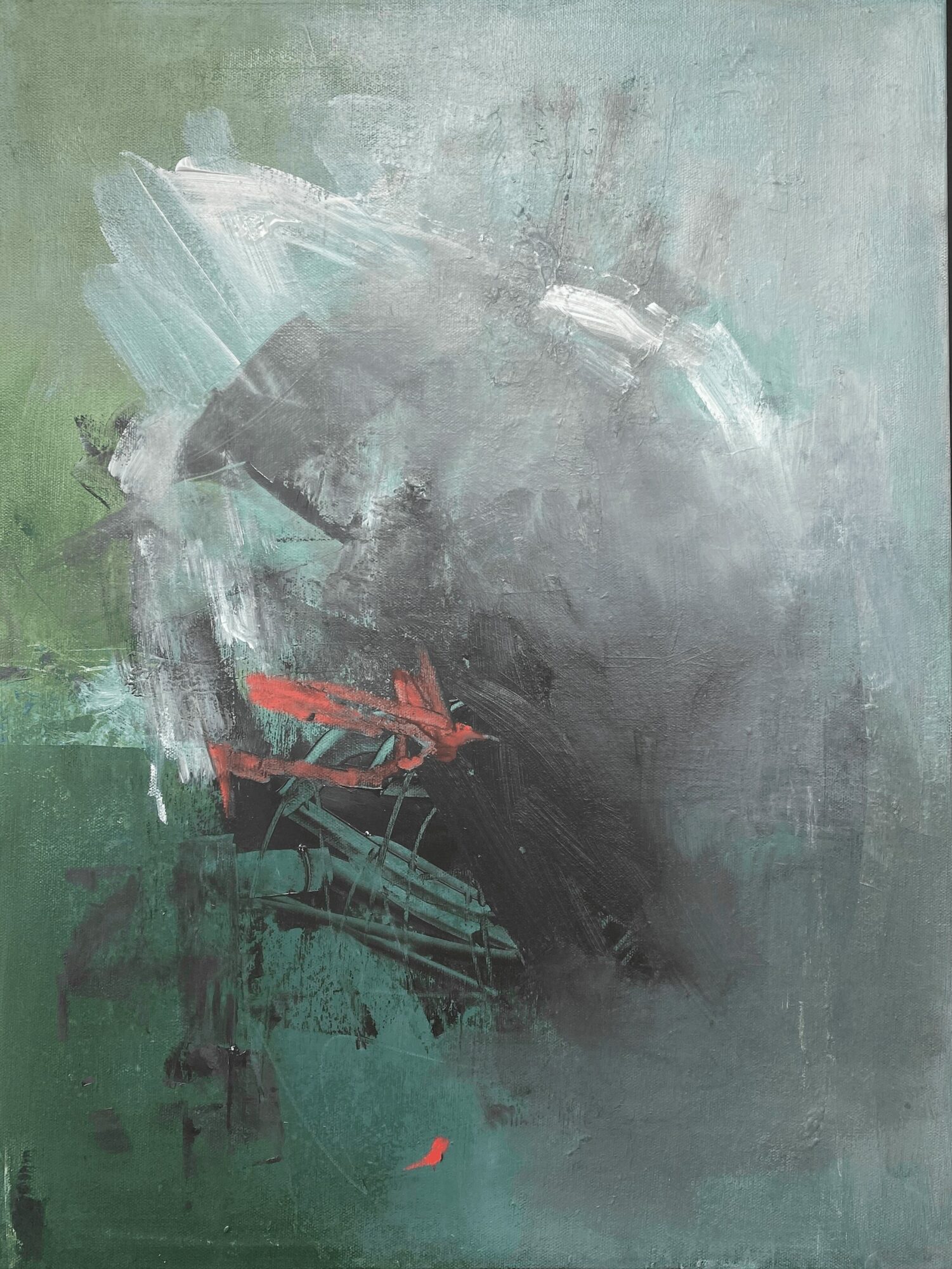 Abstract painting with dark shapes, white and red accents, and a green background.