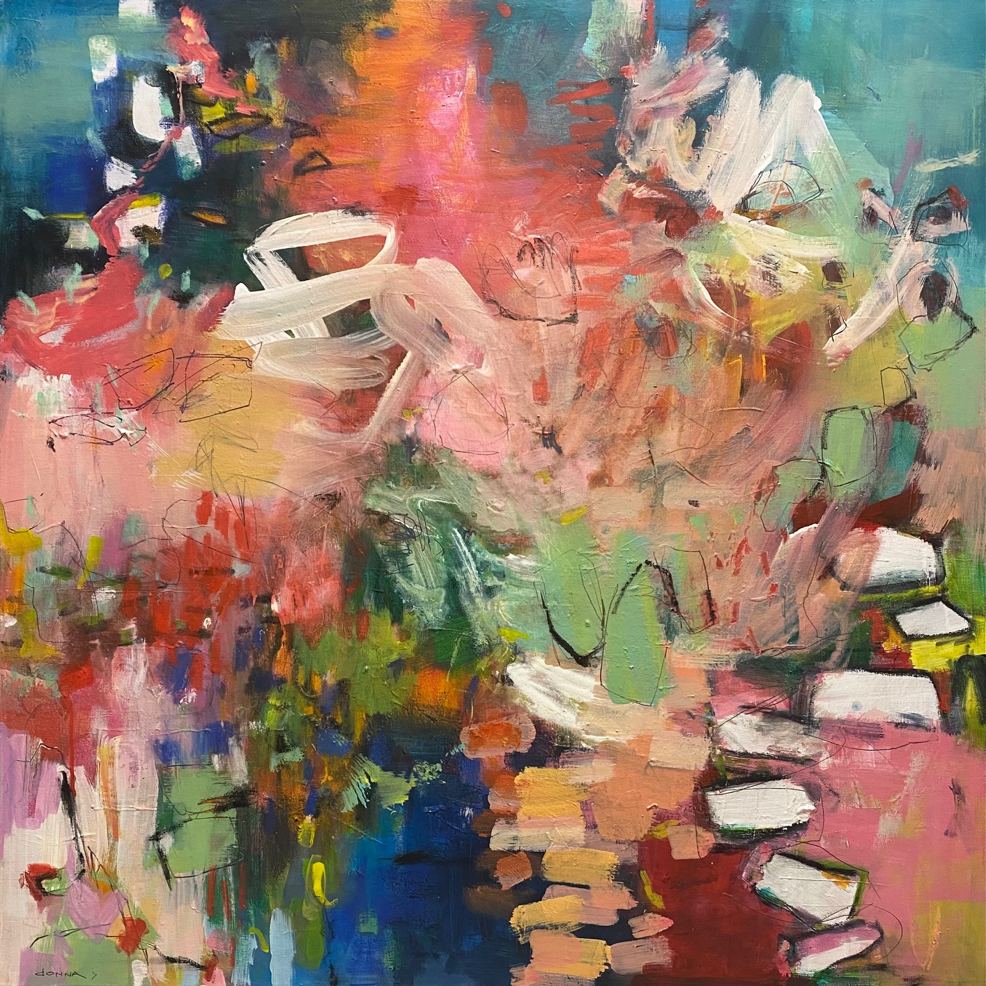 Abstract painting with vibrant colors, including pink, green, blue, yellow, and white, with brushstrokes and layered textures.