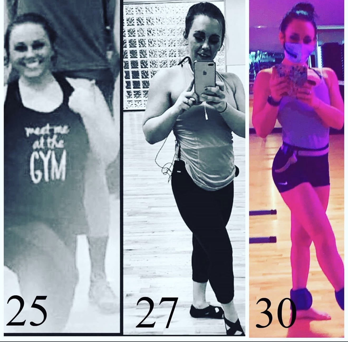 Three women taking mirror selfies in gym settings, each in different workout attire, with numbers 25, 27, and 30 below.
