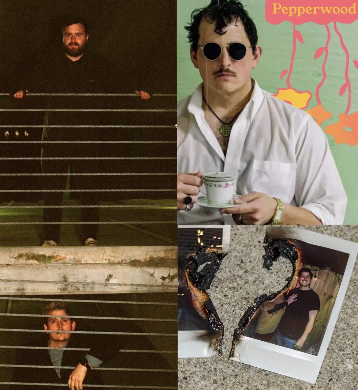 Collage of four images: a person holding horizontal bars, a man with sunglasses and a cup, a person with glasses, and a person with a dog. Word 'Pepperwood' in top right.