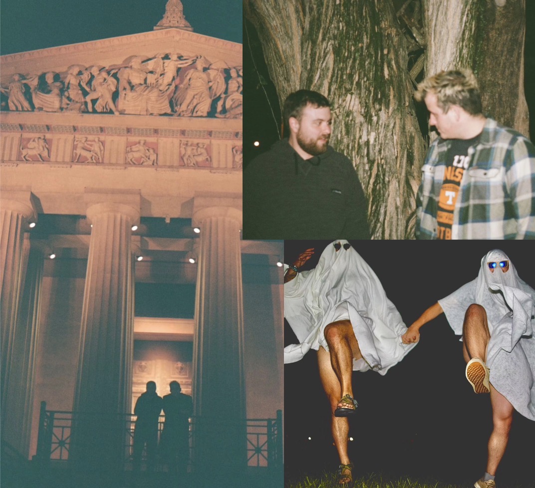 Three images: a monument with columns, two people talking in a forest, and two people with ghost costumes and legs visible.