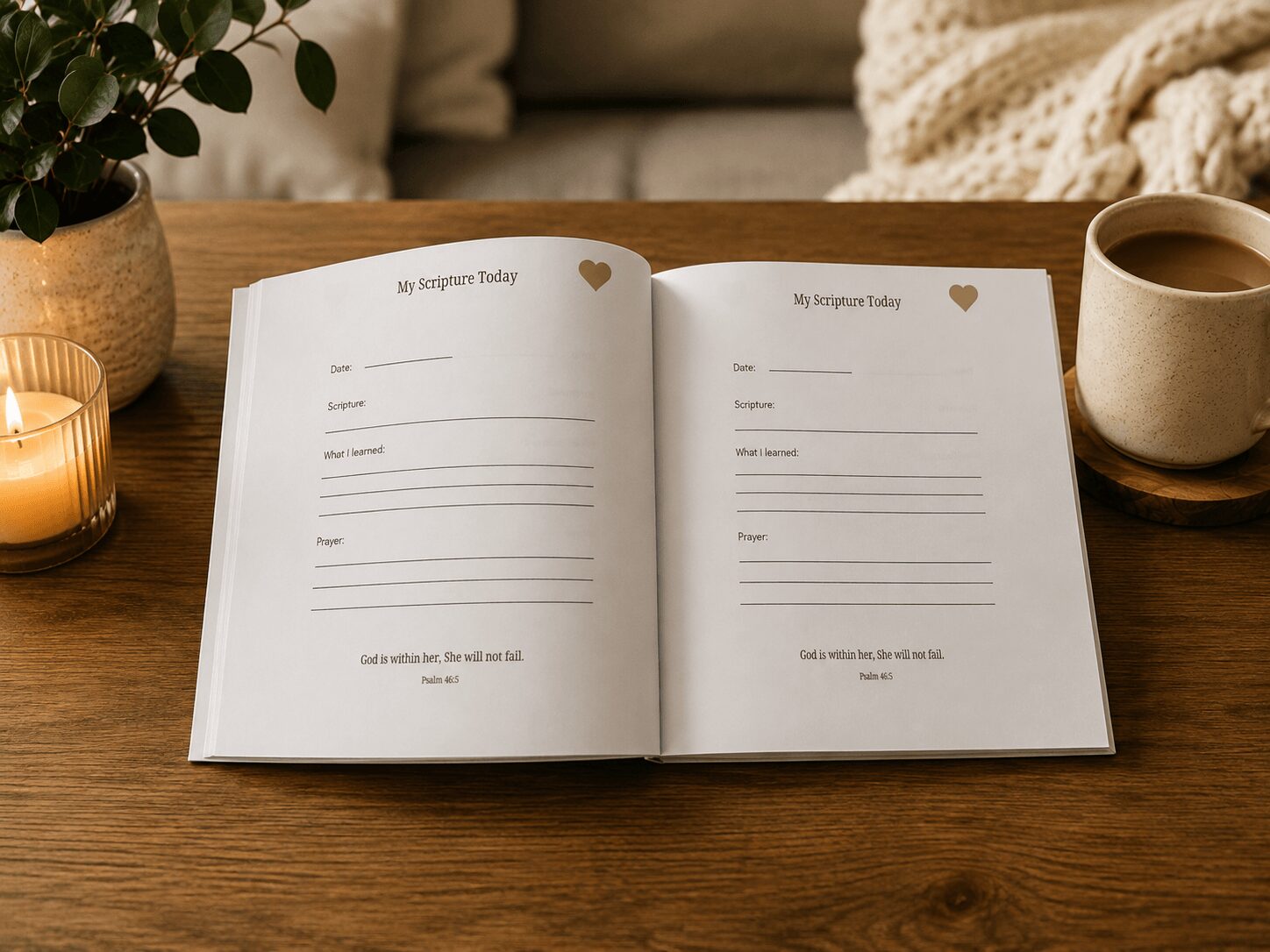 Open journal on a wooden table with a candle, plant, and mug nearby, in a cozy setting.