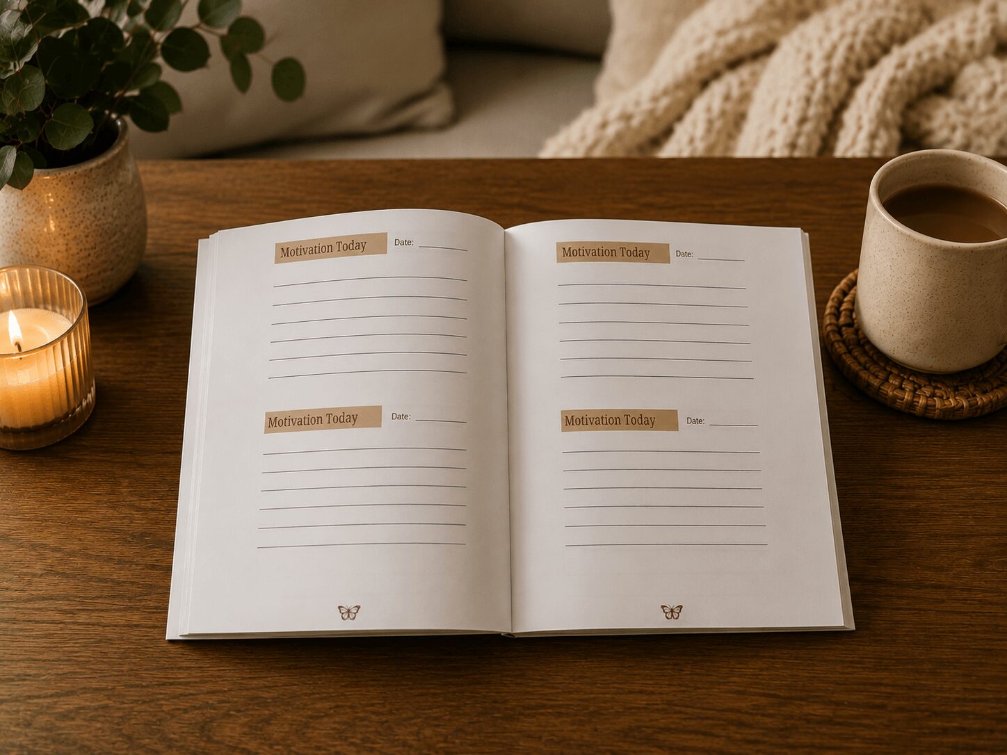 Open notebook with lined pages on a wooden table, surrounded by a candle, plant, mug, and blanket.