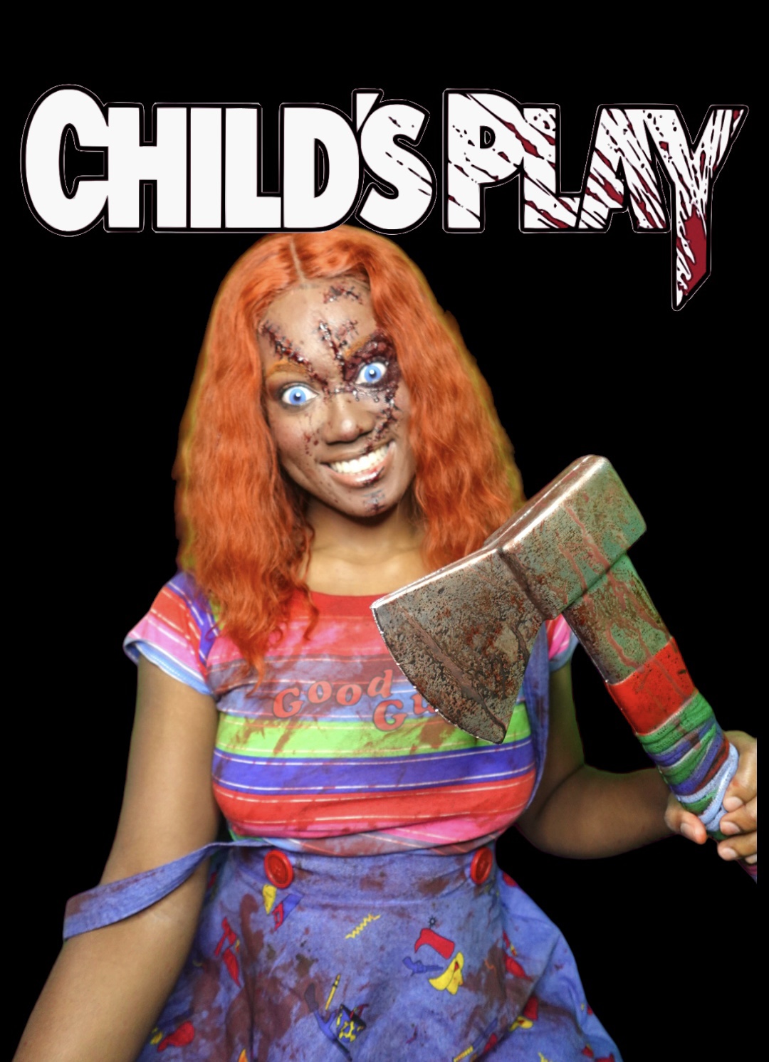 A person with orange hair and a colorful dress holding an axe, with a horror-themed makeup and a creepy smile.