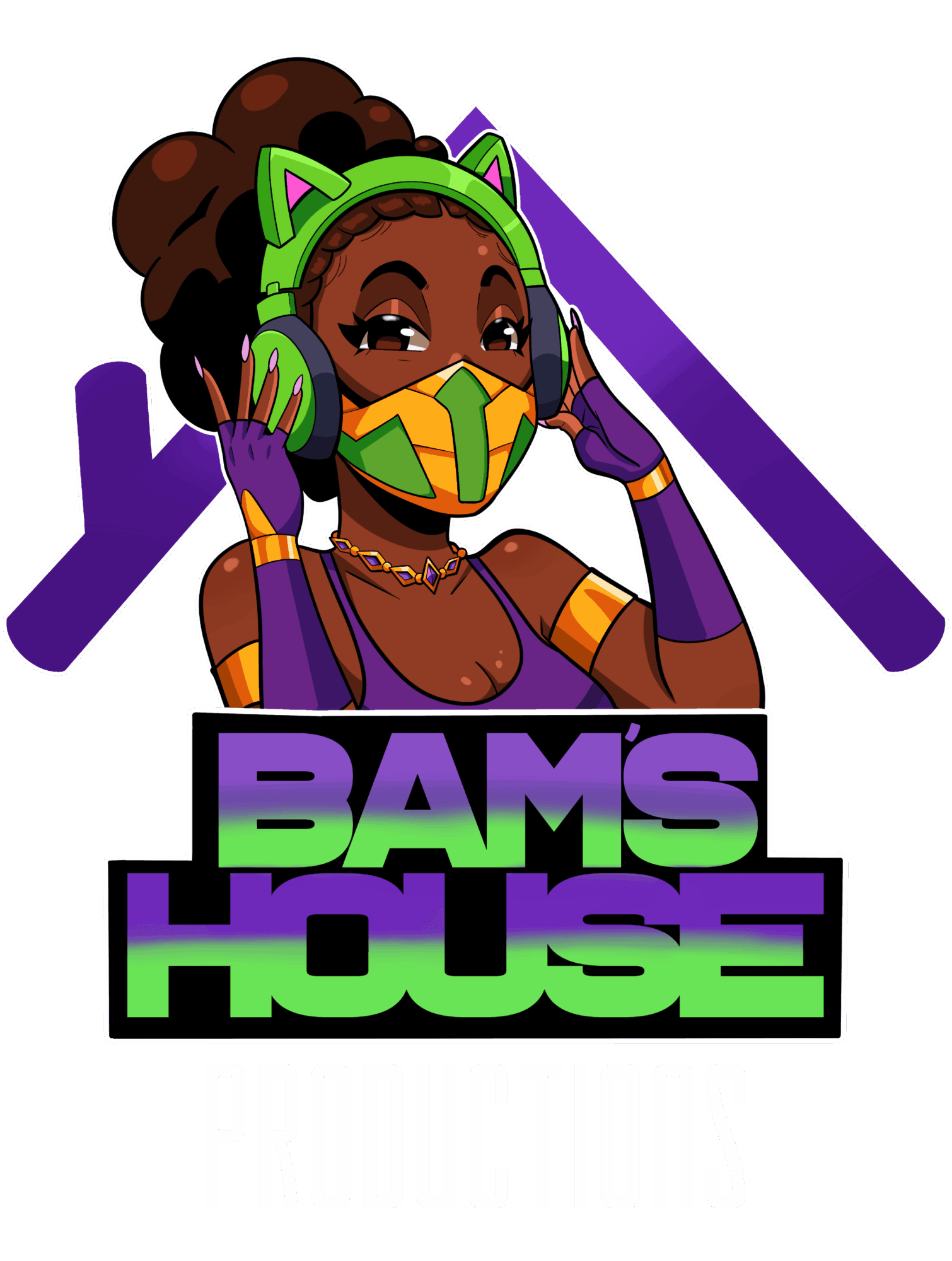 Illustration of a woman with headphones, wearing a mask, with text 'BAMS HOUSE PRODUCTIONS' below.