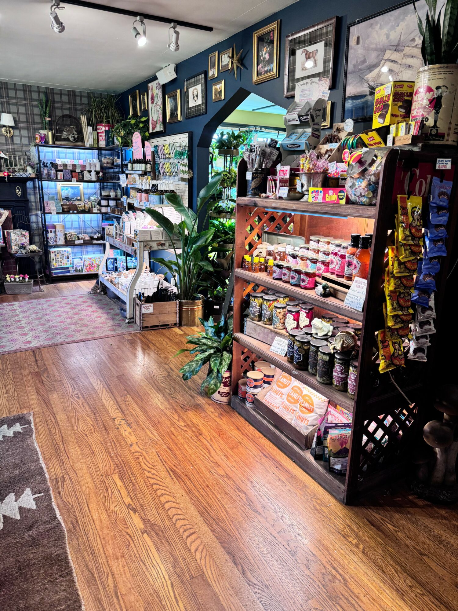 Interior of a store with shelves of products, framed pictures on the wall, and wooden flooring.