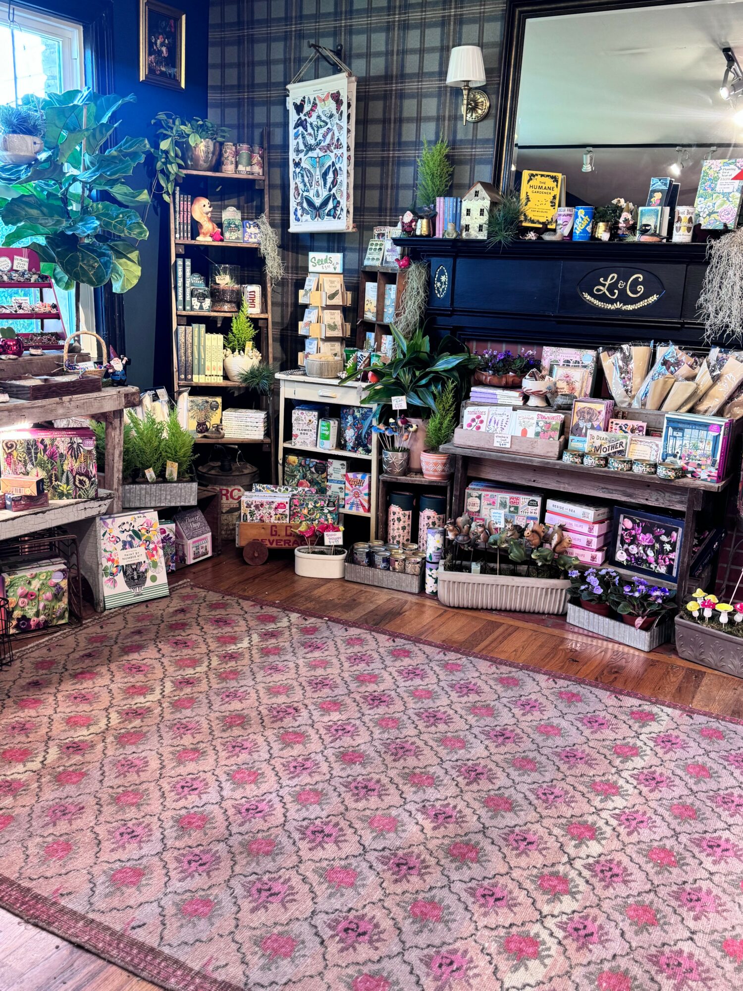 Interior of a store with shelves of gifts, plants, and decorative items, and a pink patterned rug on the floor.