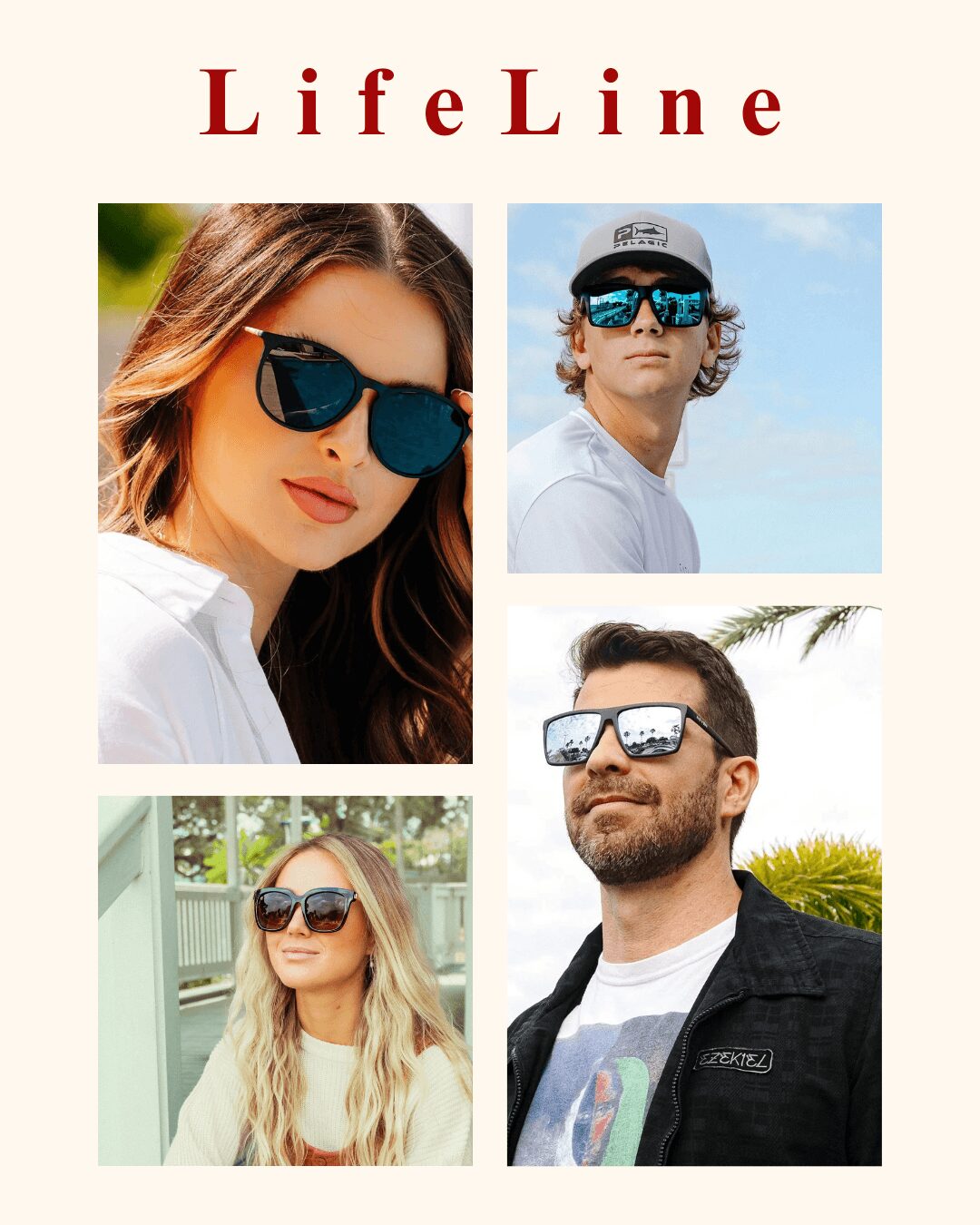 Four people wearing sunglasses, with the title 'LifeLine' above them, in a collage layout.
