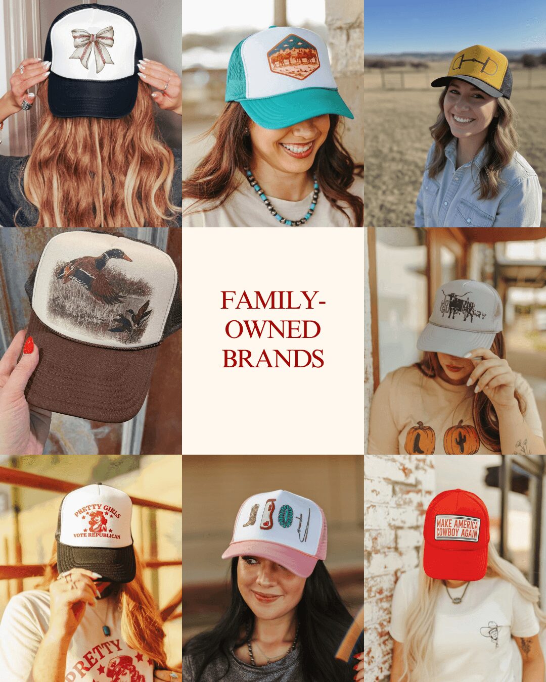 Six people wearing various branded caps outdoors, with a central text block reading 'Family-Owned Brands'.