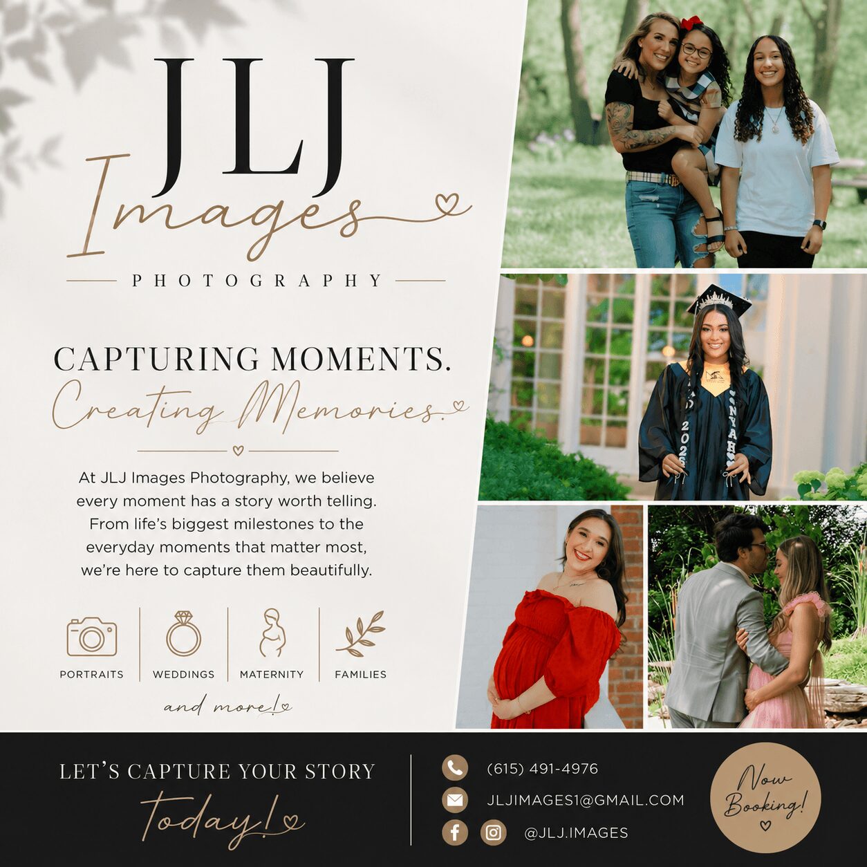 Collage of four photos with a promotional card for JJL Images Photography, featuring people and text about capturing moments.